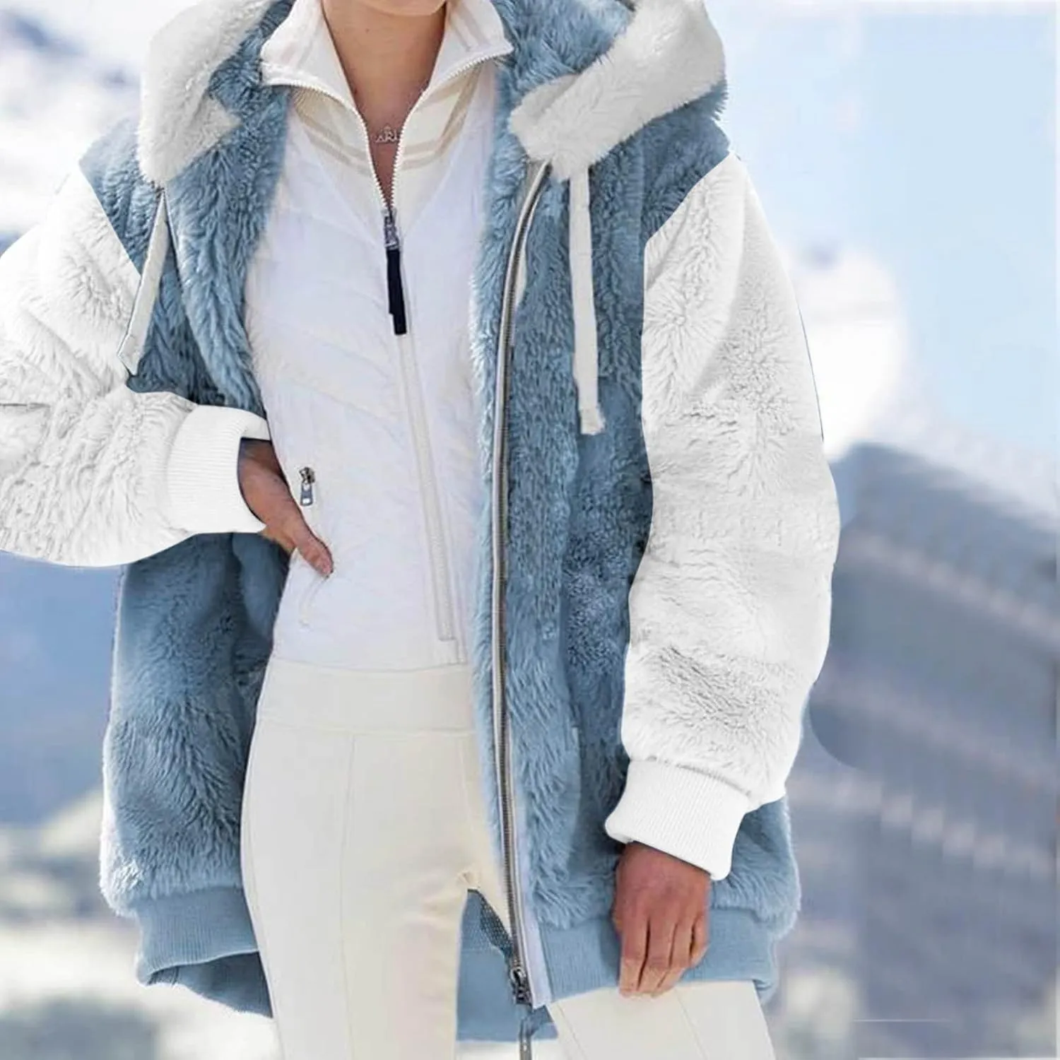 LCMTWX Womens Winter Coat Loose Solid Color Artificial Wool Zipper Drawstring Long-Sleeved Hoodie Sweater Hooded Color