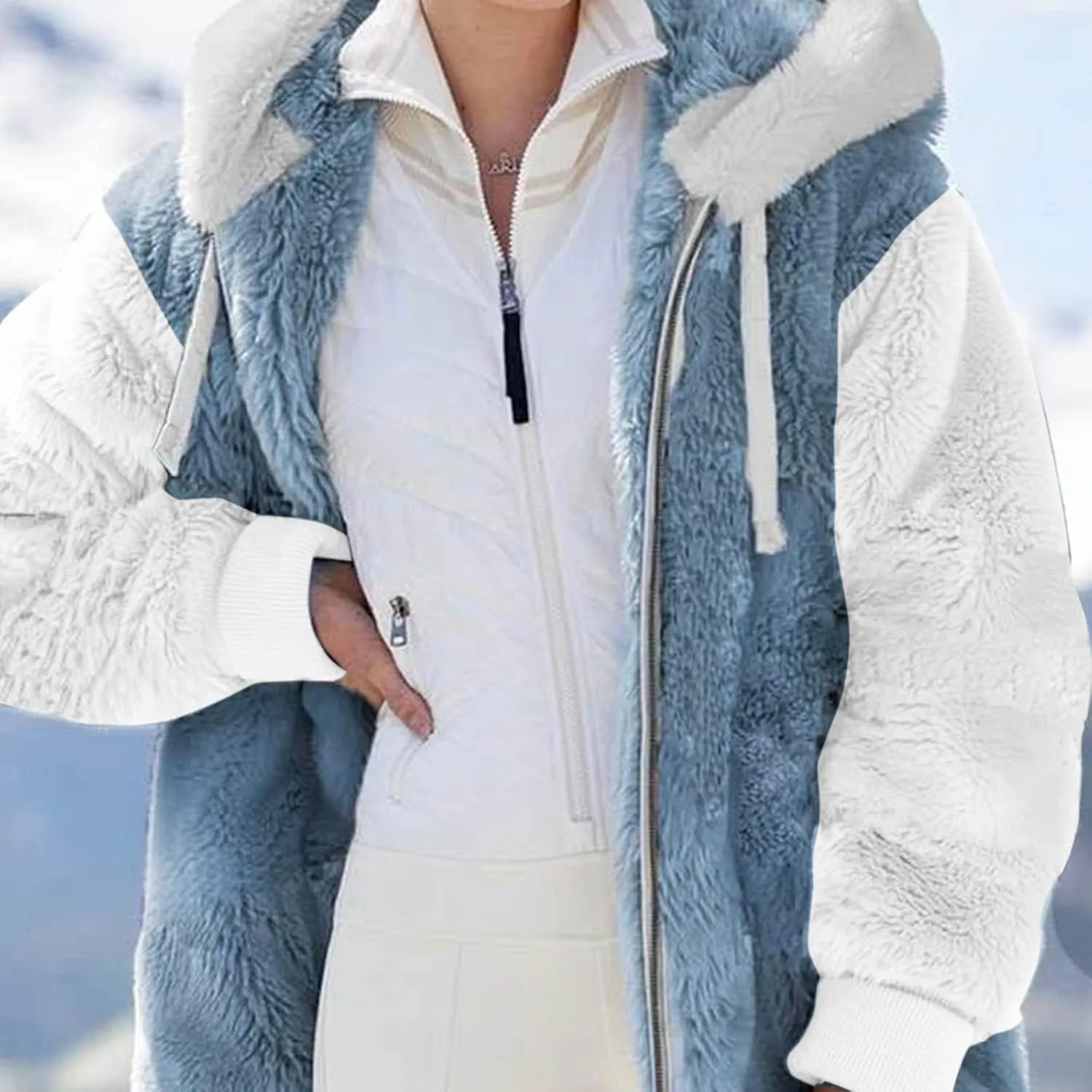 LCMTWX Womens Winter Coat Loose Solid Color Artificial Wool Zipper Drawstring Long-Sleeved Hoodie Sweater Hooded Color