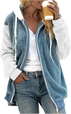 LCMTWX Womens Winter Coat Loose Solid Color Artificial Wool Zipper Drawstring Long-Sleeved Hoodie Sweater Hooded Color