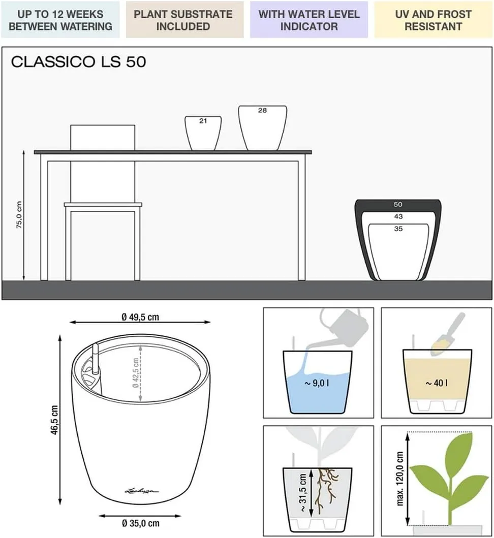 Lechuza Classico Premium LS 50 Anthracite Metallic 16103 Planter, D50 H47 cm, Grey