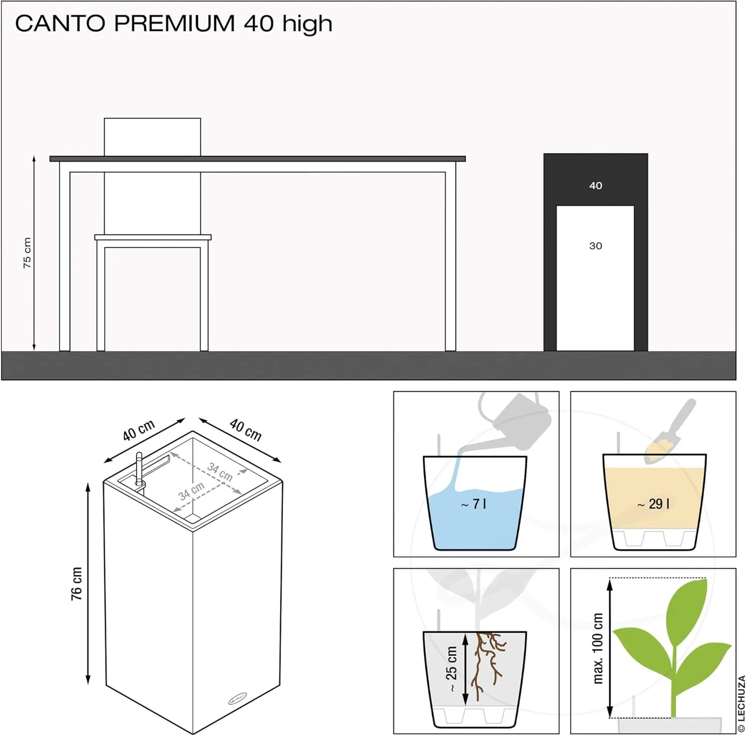 Lechuza Planter, Plastic Polypropylene (PP), Anthracite Metallic, 40x40x76 cm