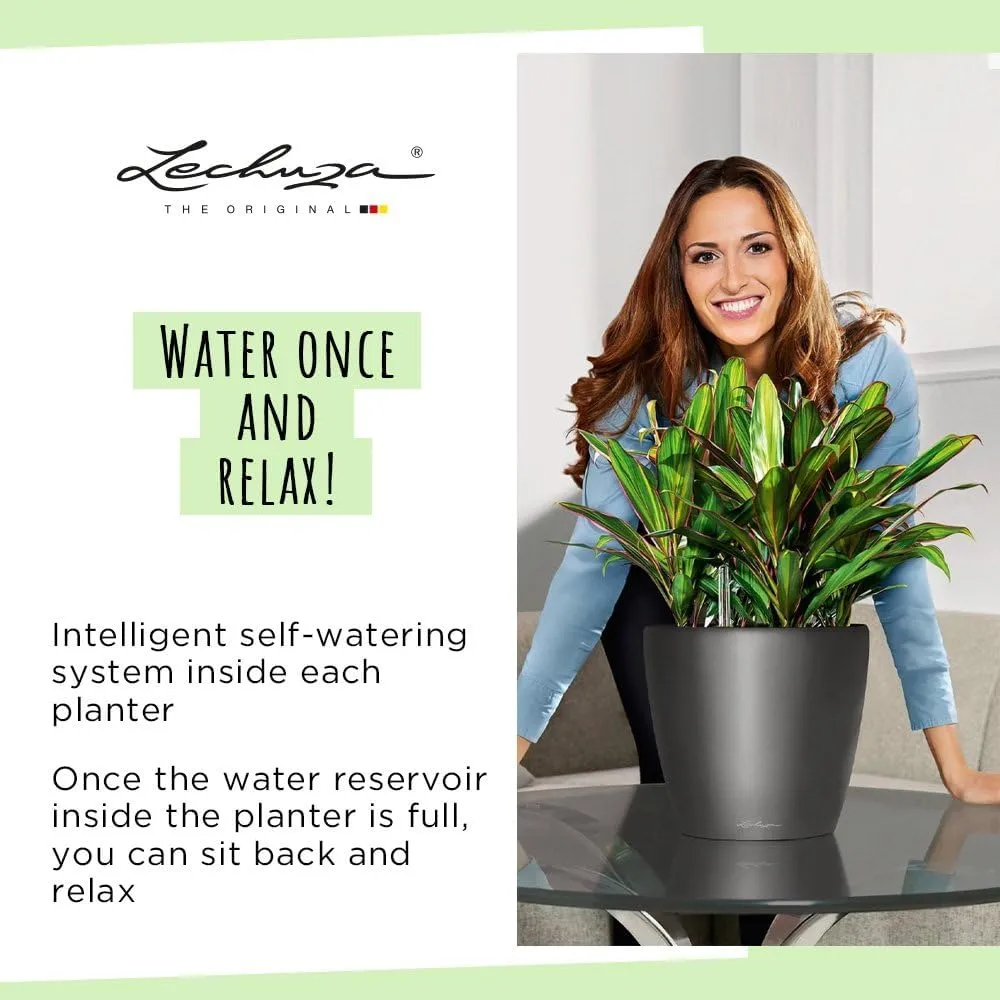 Lechuza Self Watering Plant Pot Classico 21 LS Garden Flower Indoor Outdoor Small Table Plastic Planter with Drainage Hole D21 H20 cm Charcoal Metallic
