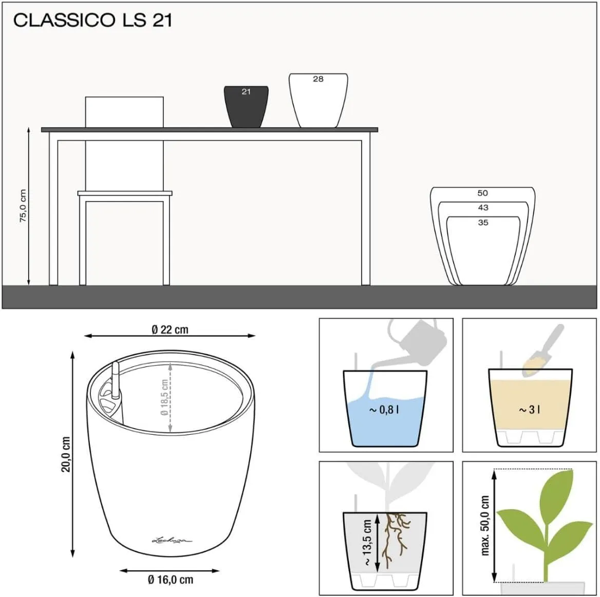 Lechuza Self Watering Plant Pot Classico 21 LS Garden Flower Indoor Outdoor Small Table Plastic Planter with Drainage Hole D21 H20 cm Charcoal Metallic