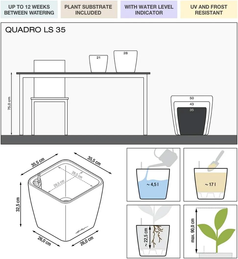 Lechuza Self Watering Plant Pot Quadro LS 35 Garden Flower Indoor Outdoor Floor Plastic Planter with Drainage Hole H33 L35 W35 cm Charcoal Metallic