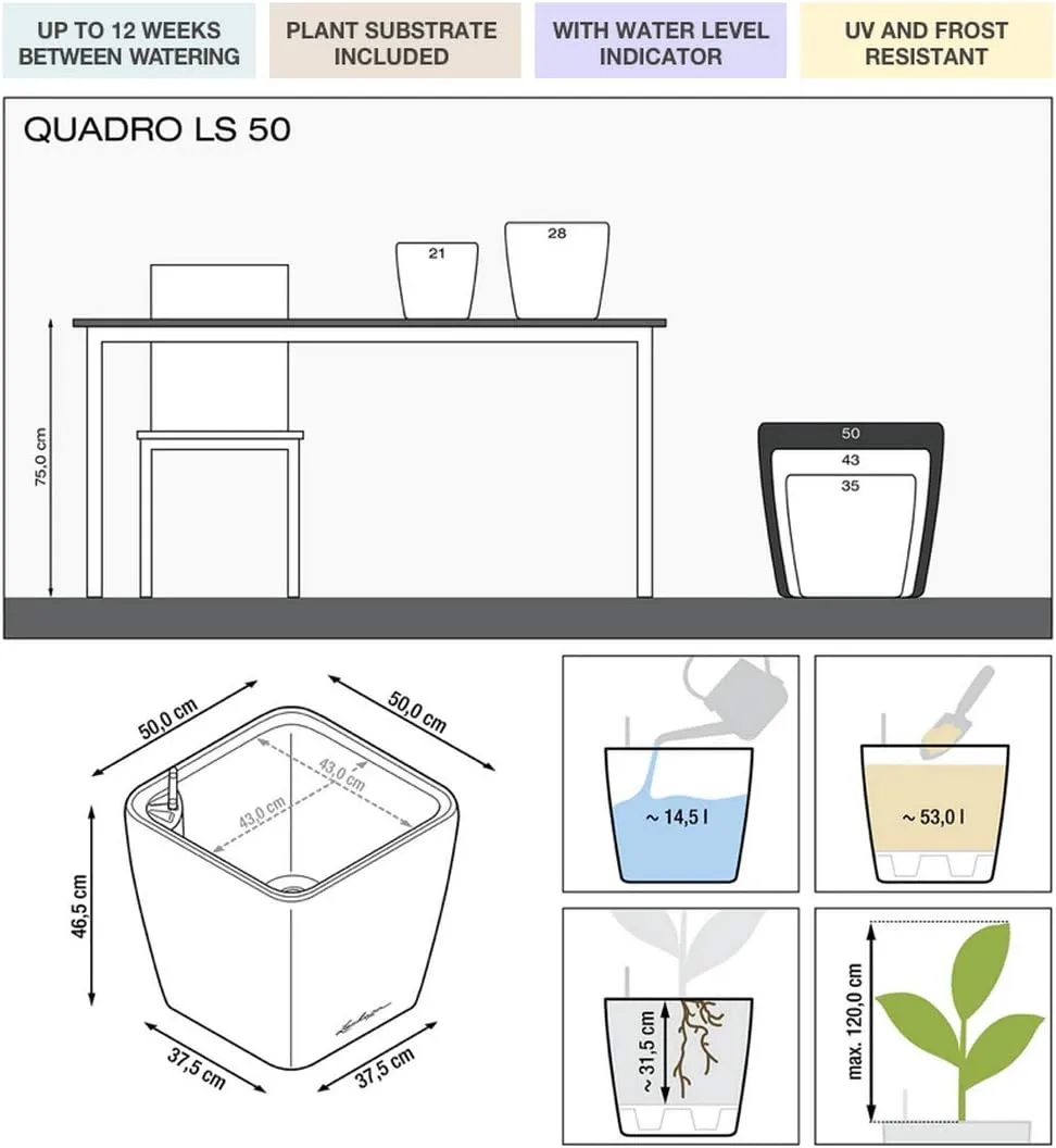 Lechuza Self Watering Plant Pot Quadro LS 50 Garden Flower Indoor Outdoor Floor Plastic Planter with Drainage Hole H47 L50 W50 cm Black High-Gloss