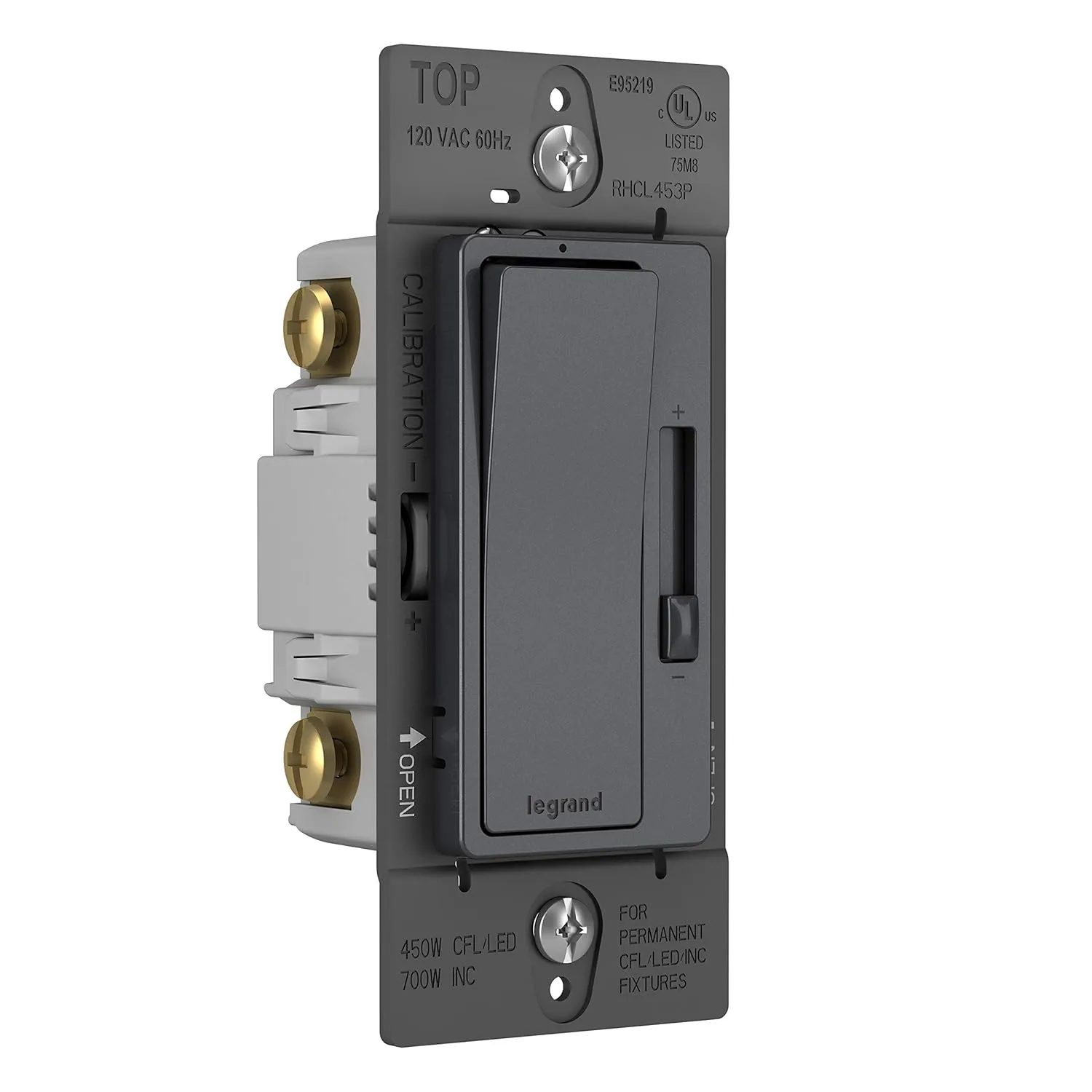 Legrand radiant RH453PGCCV6 450W Preset Decorator Rocker Dimmer Light Switch with Locator Light for Dimmable LED and CFL Bulbs, Single Pole/3-Way, Graphite (1 Count)