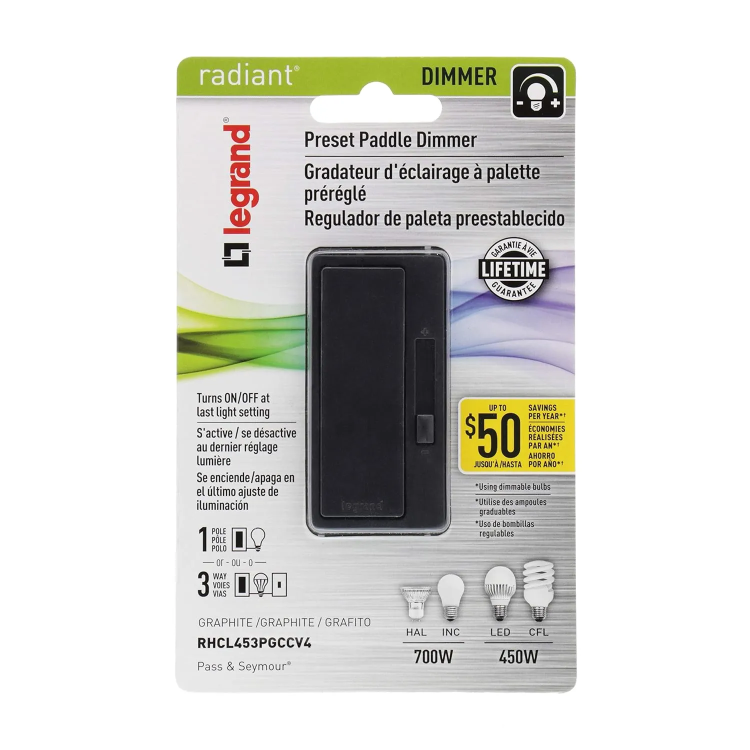 Legrand radiant RH453PGCCV6 450W Preset Decorator Rocker Dimmer Light Switch with Locator Light for Dimmable LED and CFL Bulbs, Single Pole/3-Way, Graphite (1 Count)