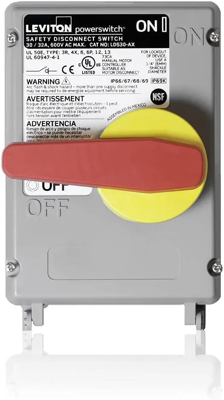 Leviton LDS30-AC Non-Fused Powerswitch Safety Disconnect Switch with Factory Installed Auxiliary Contact, 30 Amp, 600 Volt, Non-Metallic Enclosure, Gray