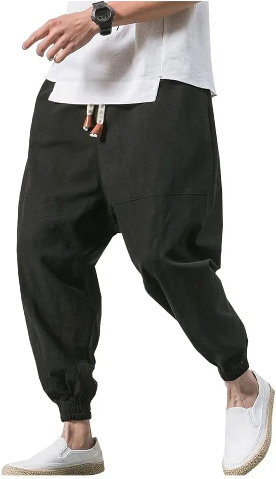 LifeHe Men's Hip Hop Harem Pants Joggers Linen Drawstring Elastic Waist Baggy Drop Crotch Sweatpants Trousers