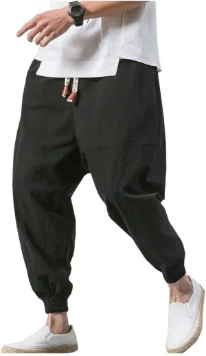 LifeHe Men's Hip Hop Harem Pants Joggers Linen Drawstring Elastic Waist Baggy Drop Crotch Sweatpants Trousers