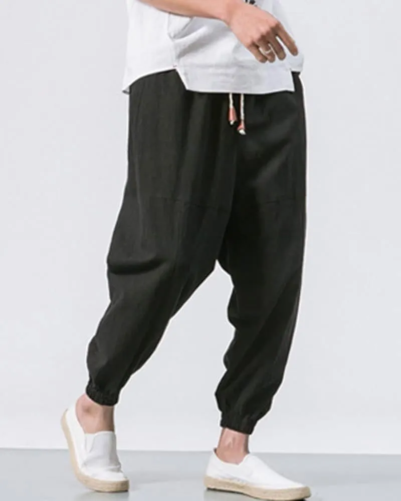 LifeHe Men's Hip Hop Harem Pants Joggers Linen Drawstring Elastic Waist Baggy Drop Crotch Sweatpants Trousers