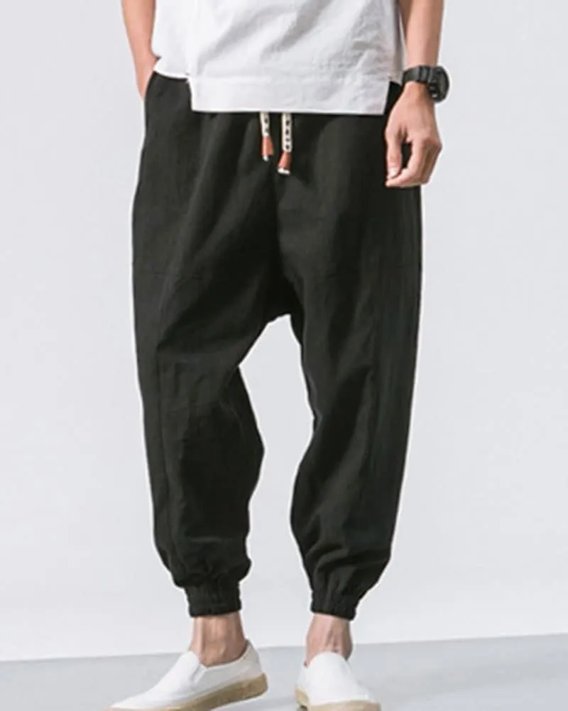 LifeHe Men's Hip Hop Harem Pants Joggers Linen Drawstring Elastic Waist Baggy Drop Crotch Sweatpants Trousers