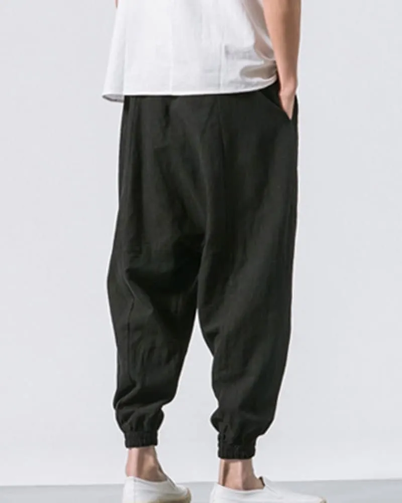 LifeHe Men's Hip Hop Harem Pants Joggers Linen Drawstring Elastic Waist Baggy Drop Crotch Sweatpants Trousers