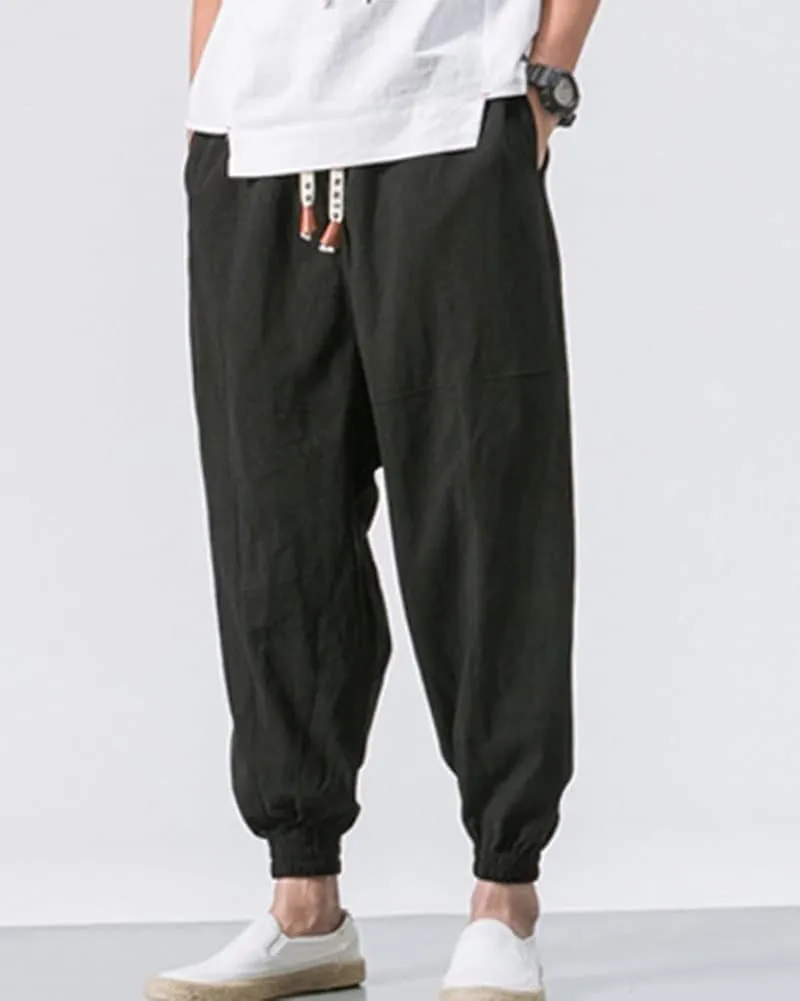 LifeHe Men's Hip Hop Harem Pants Joggers Linen Drawstring Elastic Waist Baggy Drop Crotch Sweatpants Trousers