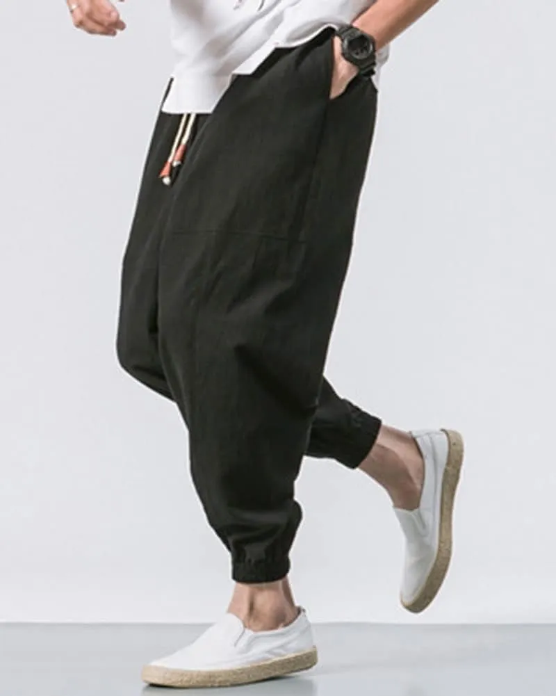 LifeHe Men's Hip Hop Harem Pants Joggers Linen Drawstring Elastic Waist Baggy Drop Crotch Sweatpants Trousers