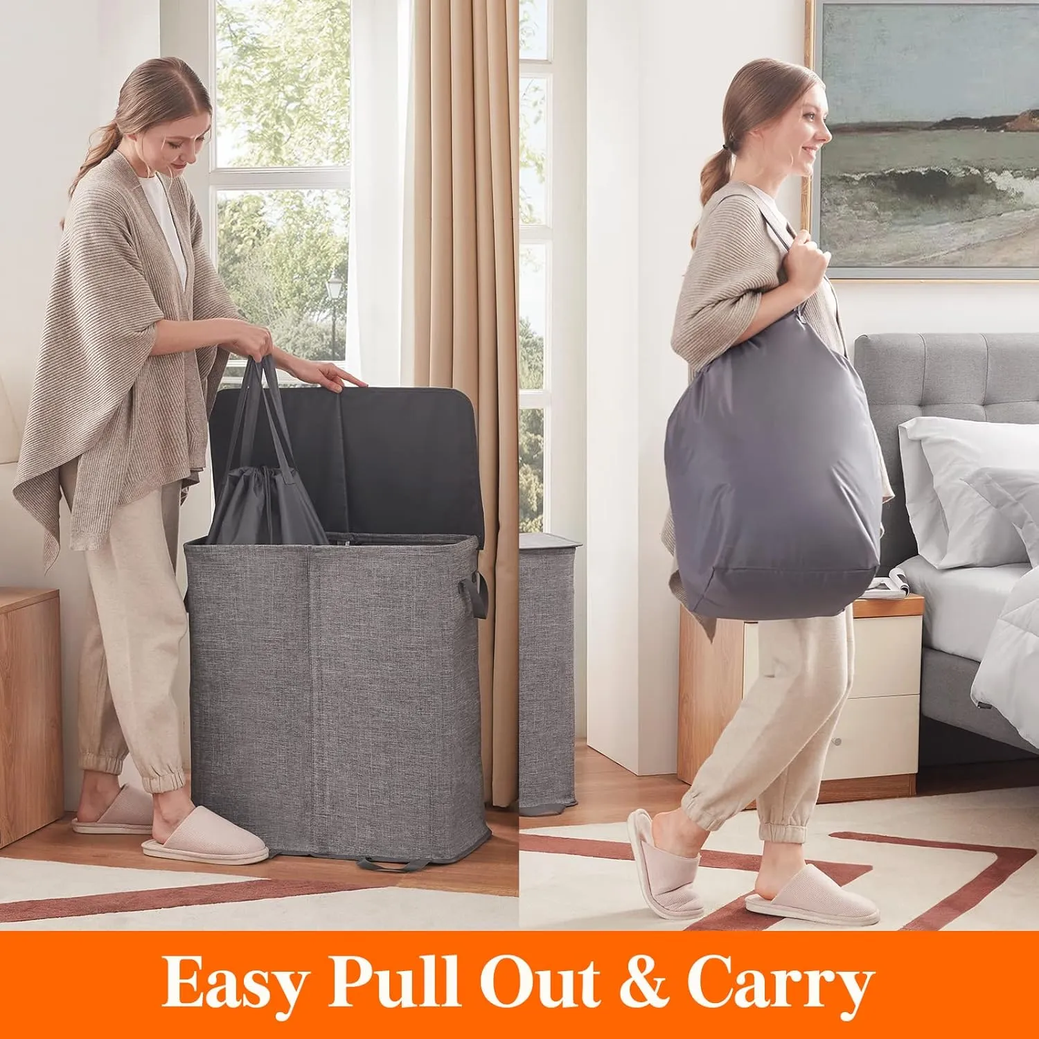 Lifewit Double Laundry Hamper with Lid and Removable Laundry Bags, Large Collapsible 2 Dividers Dirty Clothes Basket with Handles for Bedroom, Laundry Room, Closet, Bathroom, College, 155L Grey