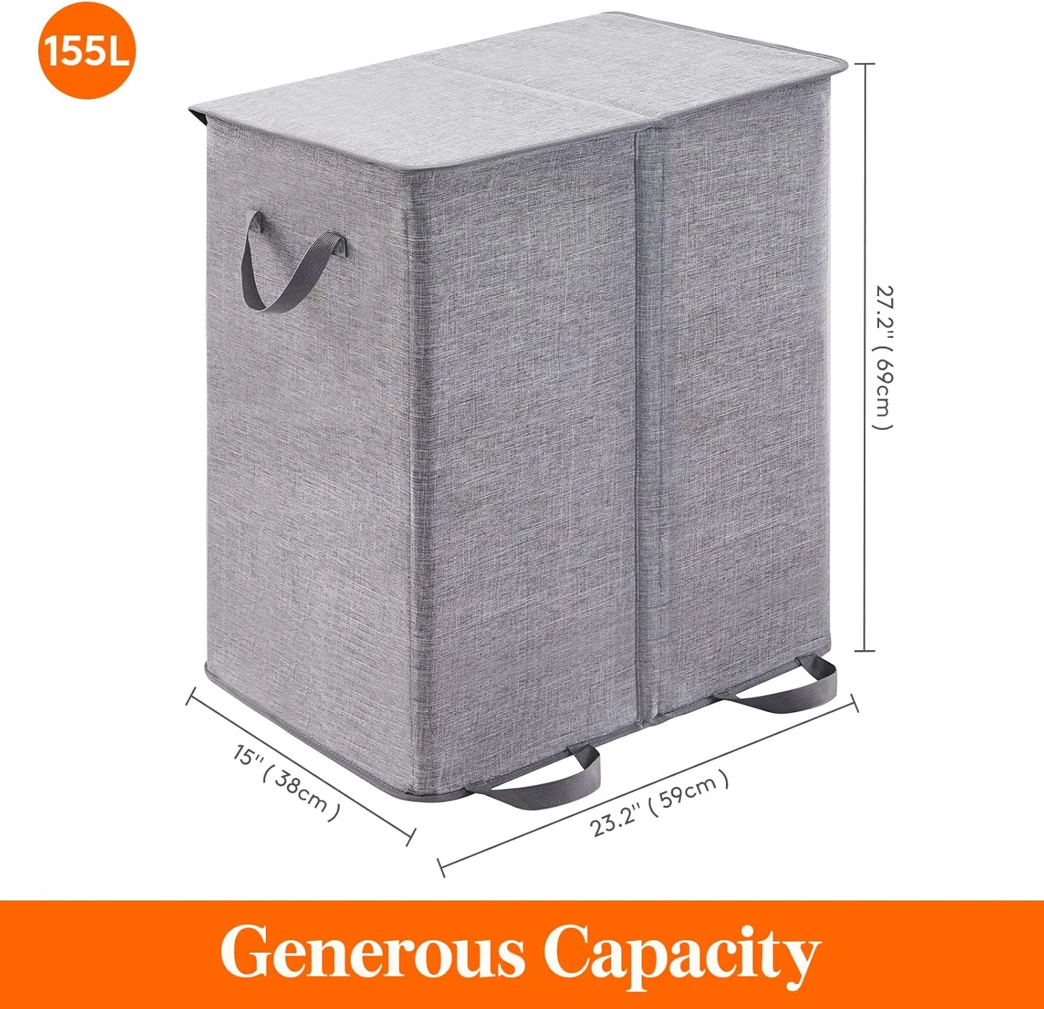 Lifewit Double Laundry Hamper with Lid and Removable Laundry Bags, Large Collapsible 2 Dividers Dirty Clothes Basket with Handles for Bedroom, Laundry Room, Closet, Bathroom, College, 155L Grey