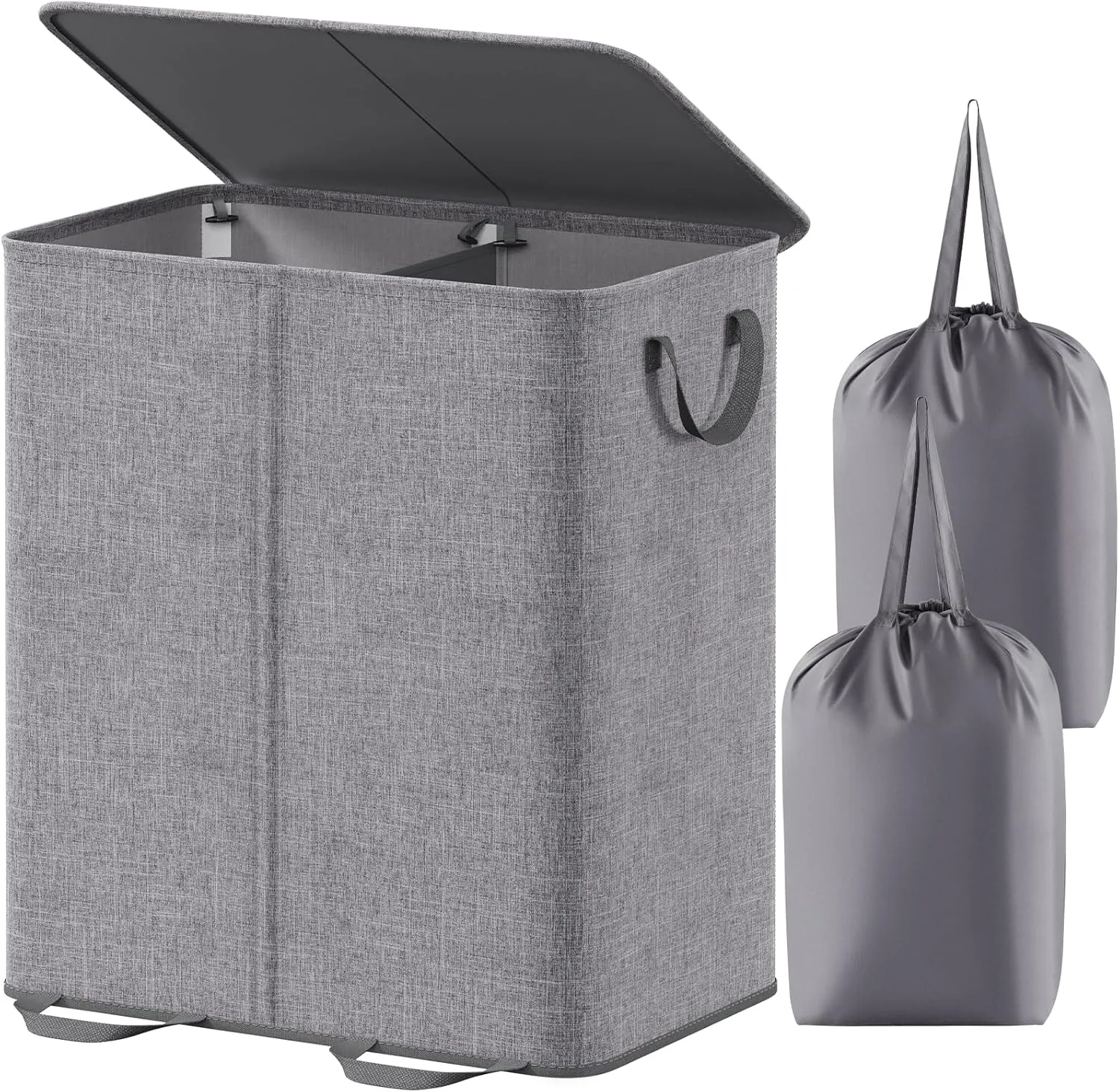 Lifewit Double Laundry Hamper with Lid and Removable Laundry Bags, Large Collapsible 2 Dividers Dirty Clothes Basket with Handles for Bedroom, Laundry Room, Closet, Bathroom, College, 155L Grey