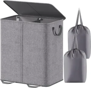 Lifewit Double Laundry Hamper with Lid and Removable Laundry Bags, Large Collapsible 2 Dividers Dirty Clothes Basket with Handles for Bedroom, Laundry Room, Closet, Bathroom, College, 155L Grey