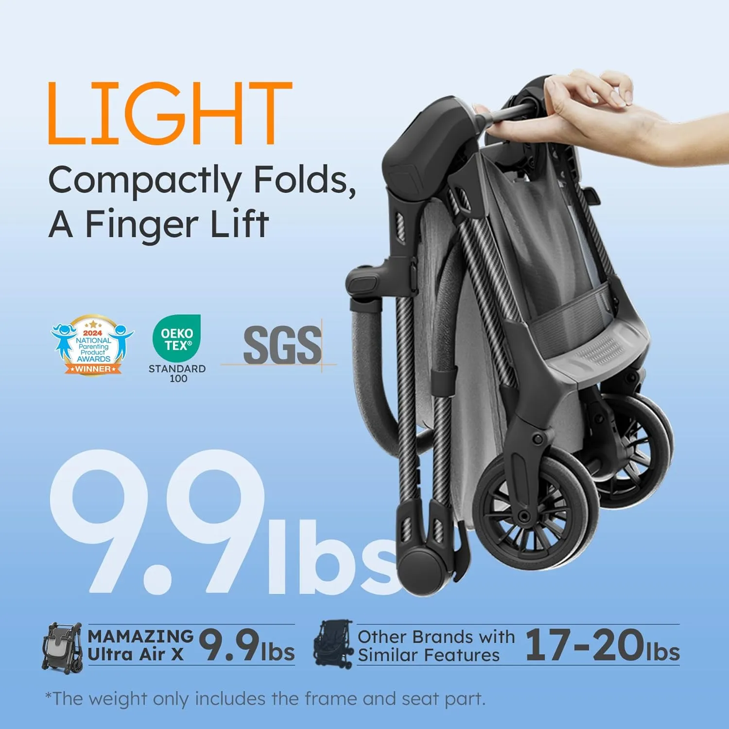 Lightweight Baby Strollers for Airplane, Ultra-Compact Travel Stroller, Light & Strong Portable Toddler Stroller with Carbon Fiber Frame and UPF 50  Waterproof Fabric, Only 9.9 lbs, Grey