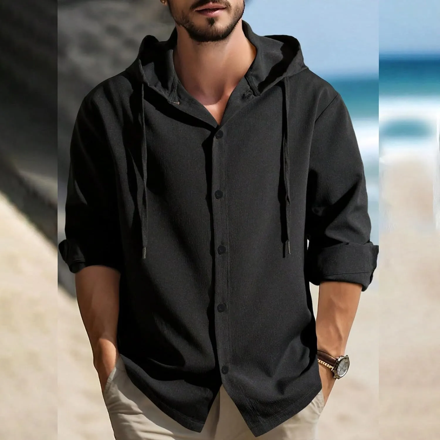 Lightweight Hooded Shirts for Men Roll Up Long Sleeve Casual Buttton Down Drawstring Hoodies Beach Yoga T Shirts