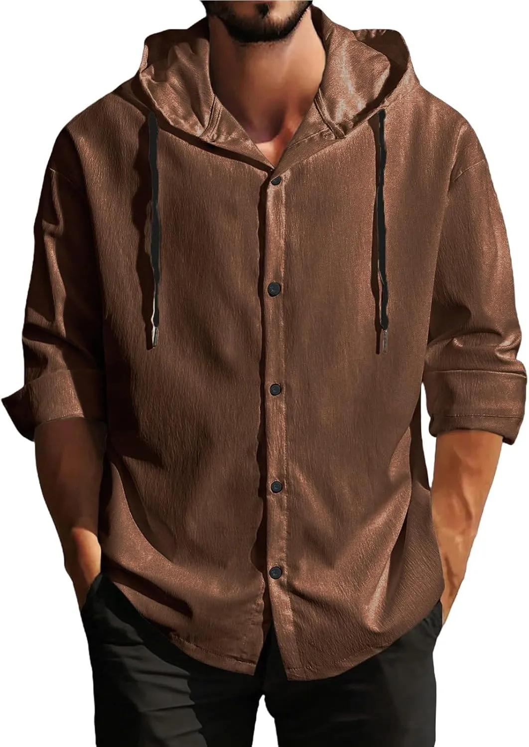 Lightweight Hooded Shirts for Men Roll Up Long Sleeve Casual Buttton Down Drawstring Hoodies Beach Yoga T Shirts