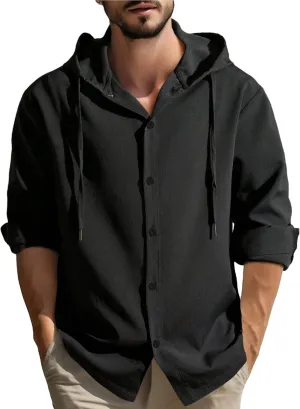 Lightweight Hooded Shirts for Men Roll Up Long Sleeve Casual Buttton Down Drawstring Hoodies Beach Yoga T Shirts