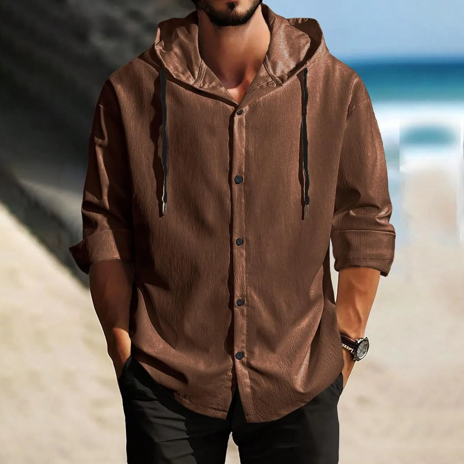 Lightweight Hooded Shirts for Men Roll Up Long Sleeve Casual Buttton Down Drawstring Hoodies Beach Yoga T Shirts
