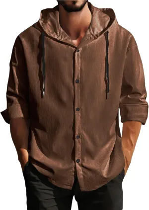 Lightweight Hooded Shirts for Men Roll Up Long Sleeve Casual Buttton Down Drawstring Hoodies Beach Yoga T Shirts