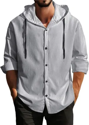 Lightweight Hooded Shirts for Men Roll Up Long Sleeve Casual Buttton Down Drawstring Hoodies Beach Yoga T Shirts
