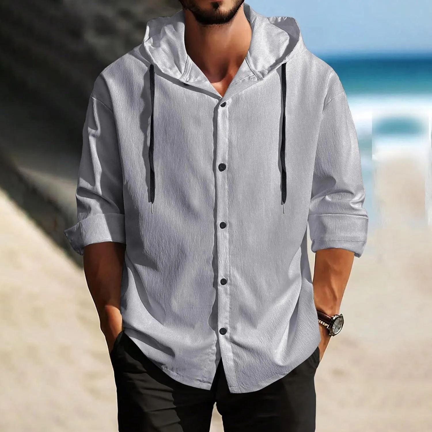 Lightweight Hooded Shirts for Men Roll Up Long Sleeve Casual Buttton Down Drawstring Hoodies Beach Yoga T Shirts
