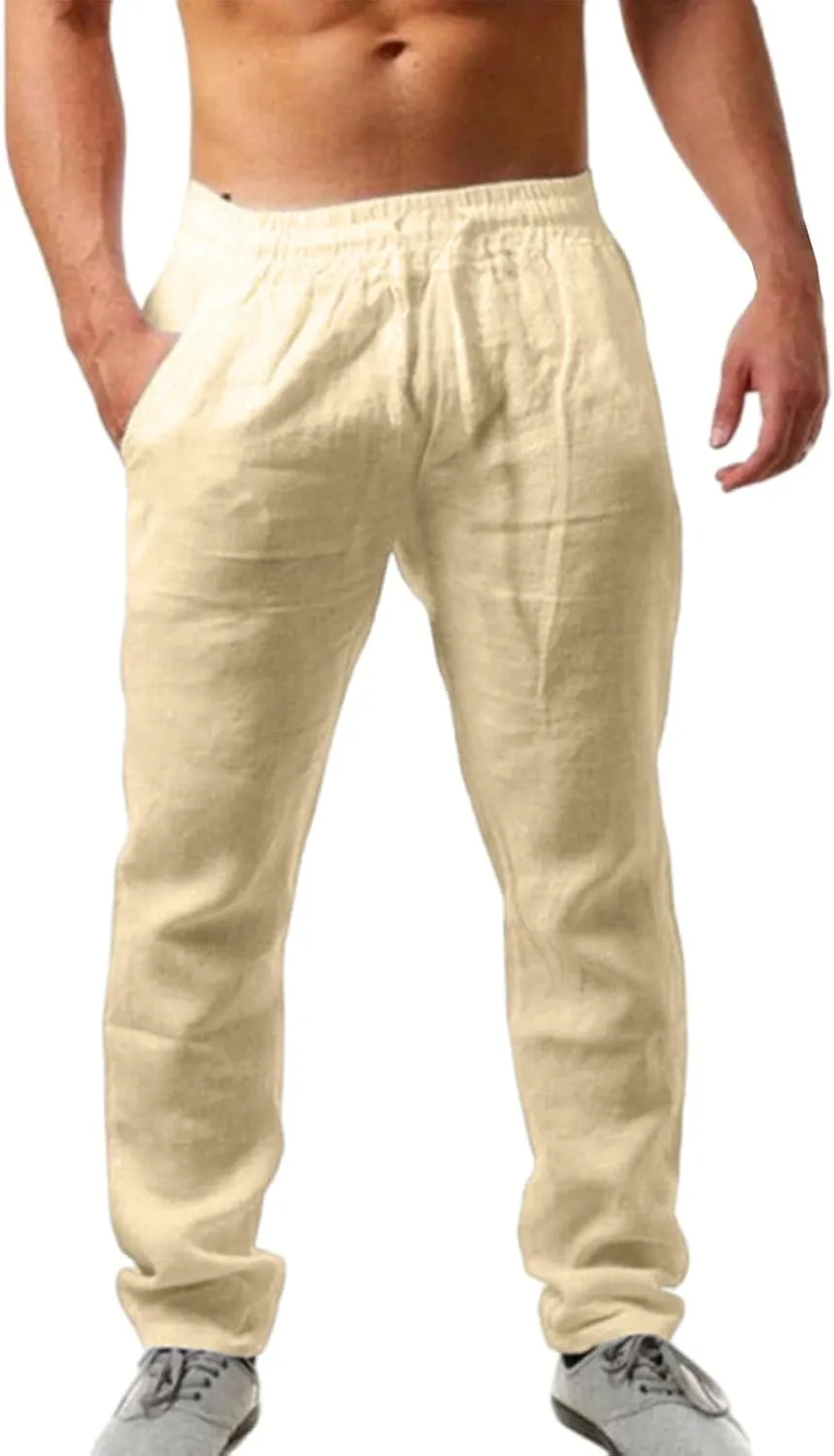 Linen Casual Pants for Mens Straight Leg Elastic Waist Drawstring Trousers Fashion Long Length Yoga Beach Summer Pant
