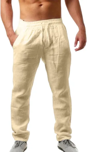 Linen Casual Pants for Mens Straight Leg Elastic Waist Drawstring Trousers Fashion Long Length Yoga Beach Summer Pant