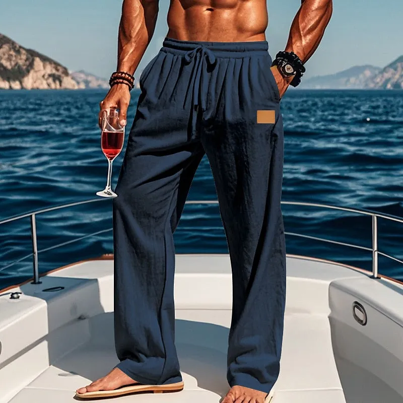 Linen Drawstring Straight-Leg Beach Pants