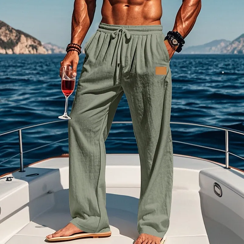 Linen Drawstring Straight-Leg Beach Pants