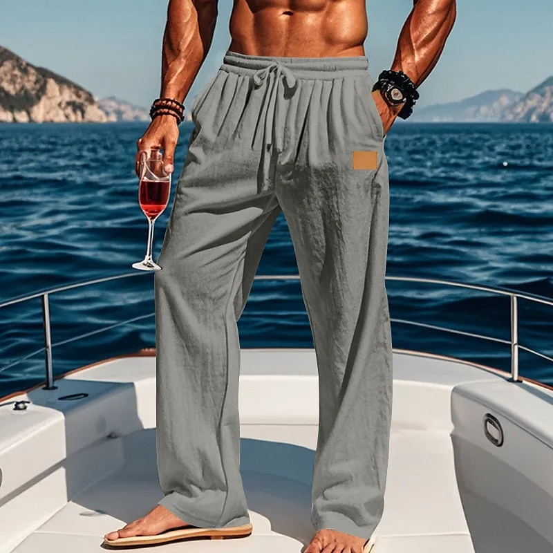 Linen Drawstring Straight-Leg Beach Pants