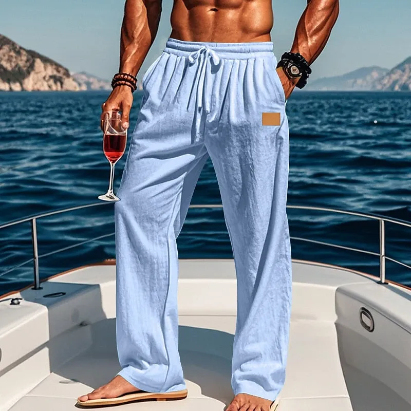 Linen Drawstring Straight-Leg Beach Pants