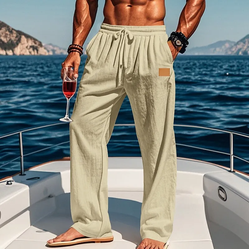 Linen Drawstring Straight-Leg Beach Pants