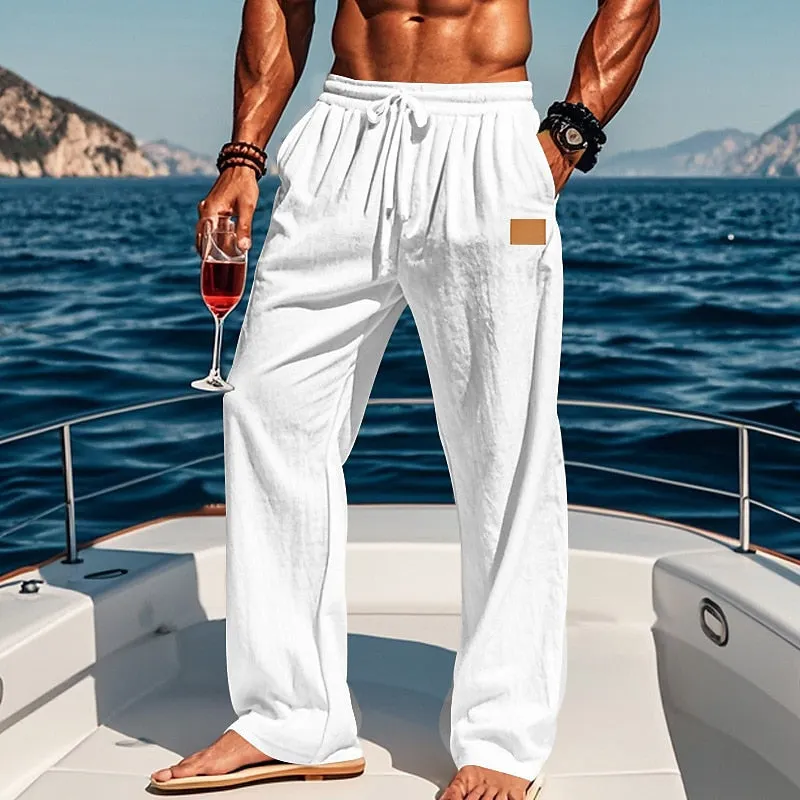 Linen Drawstring Straight-Leg Beach Pants