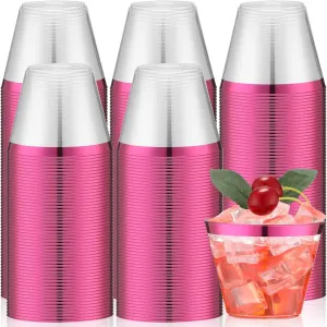 Lounsweer 100 Pcs 9oz Rimmed Plastic Cups Wedding Clear Cocktail Cups Heavy Duty Disposable Wine Glasses for Birthday Bridal Shower Baby Shower Holiday Celebrations(Hot Pink)