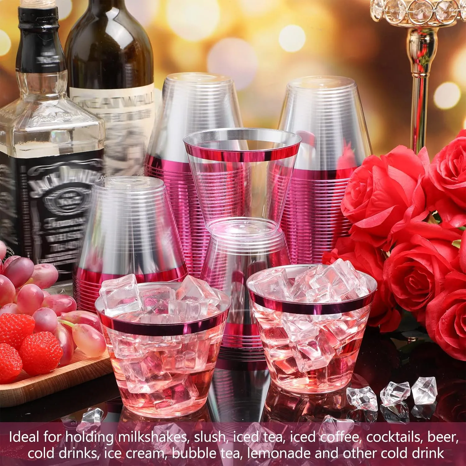 Lounsweer 100 Pcs 9oz Rimmed Plastic Cups Wedding Clear Cocktail Cups Heavy Duty Disposable Wine Glasses for Birthday Bridal Shower Baby Shower Holiday Celebrations(Hot Pink)