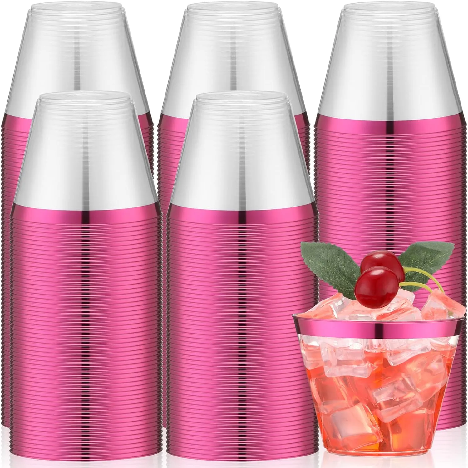 Lounsweer 100 Pcs 9oz Rimmed Plastic Cups Wedding Clear Cocktail Cups Heavy Duty Disposable Wine Glasses for Birthday Bridal Shower Baby Shower Holiday Celebrations(Hot Pink)