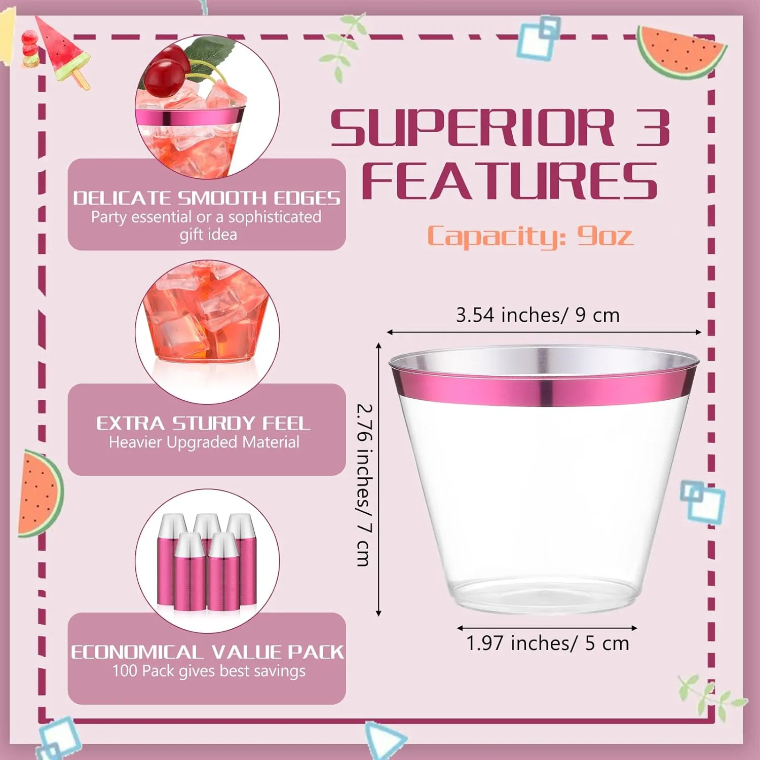 Lounsweer 100 Pcs 9oz Rimmed Plastic Cups Wedding Clear Cocktail Cups Heavy Duty Disposable Wine Glasses for Birthday Bridal Shower Baby Shower Holiday Celebrations(Hot Pink)