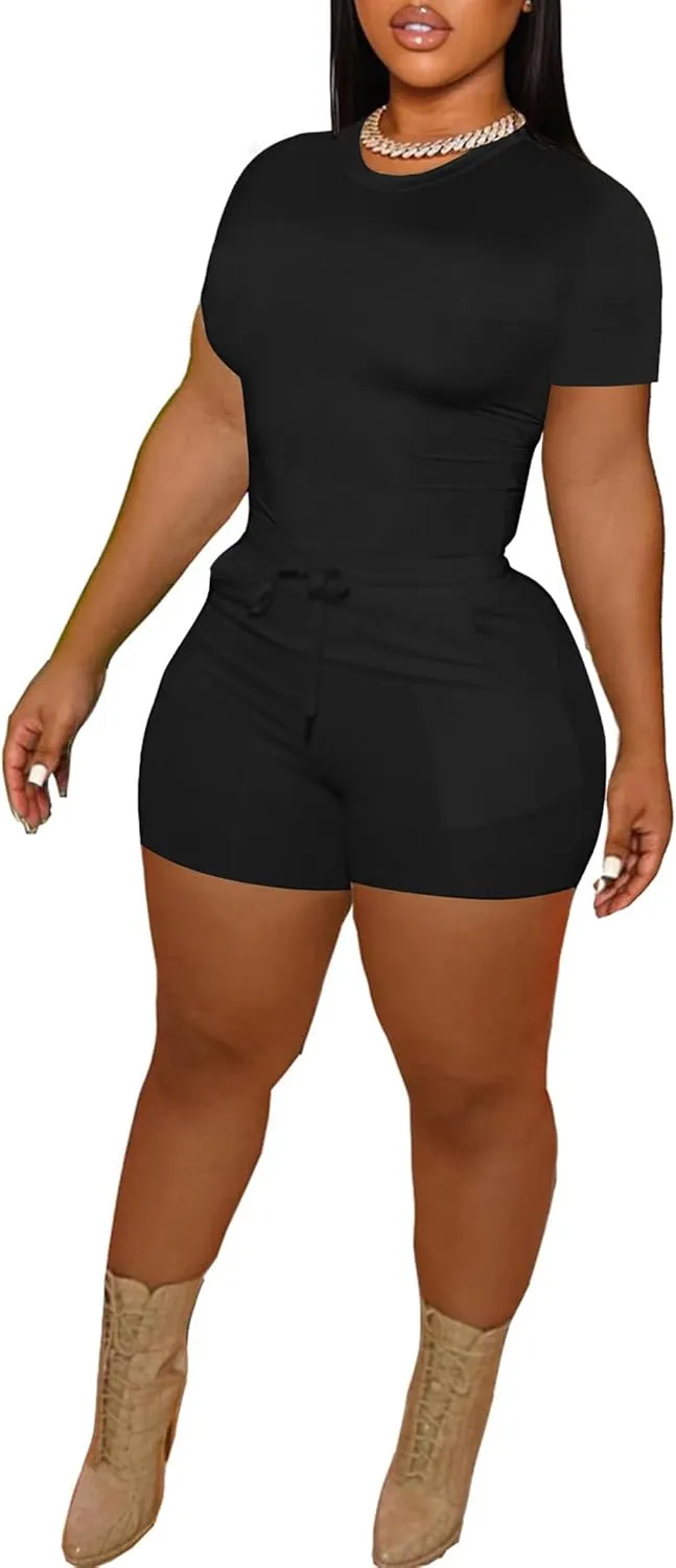 LovelyWholesale Women's Summer 2 Piece Outfits Skinny Shorts Tracksuit Sets