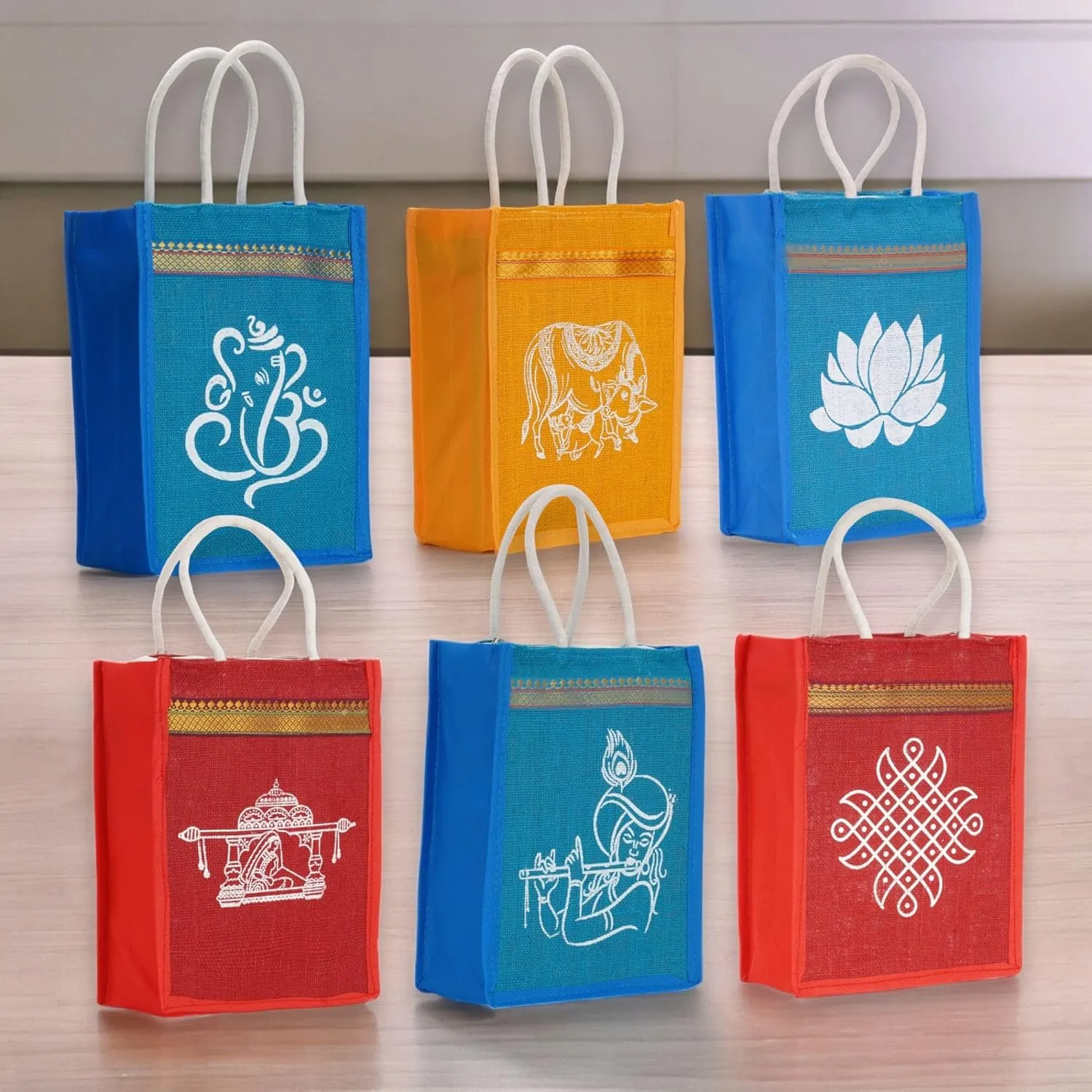 LOVENSPIRE 4ct Jute Bag Indian Wedding Favor Puja Return Gifts Burlap Gift Bags Eco-friendly Tote Bag Pooja Favors