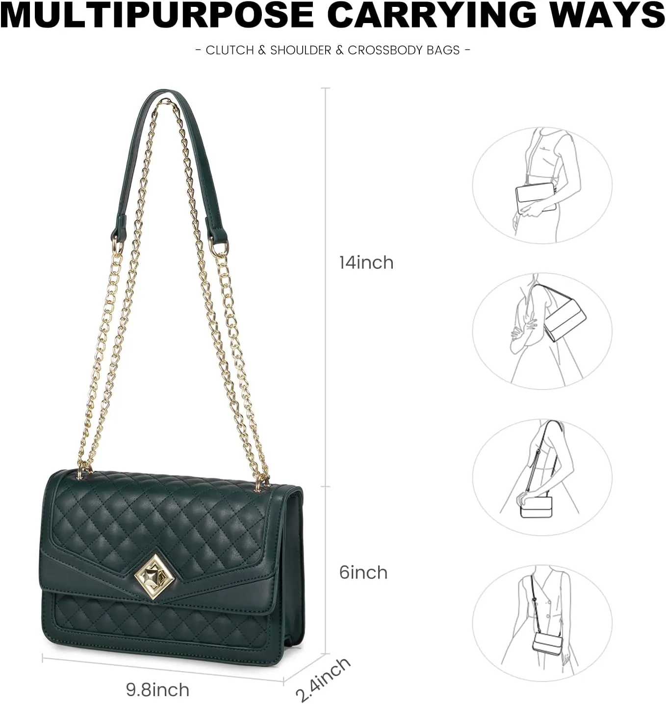 LOVEVOOK Crossbody Bags for Women Leather Quilted Shoulder Bag with Chain Strap Trendy Clutch Satchel Ladies Evening Bag