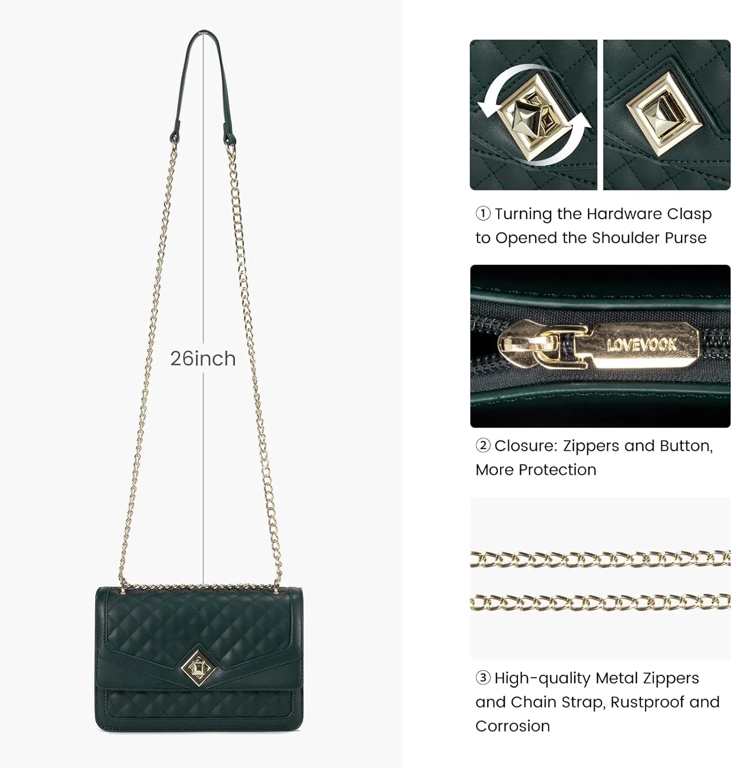 LOVEVOOK Crossbody Bags for Women Leather Quilted Shoulder Bag with Chain Strap Trendy Clutch Satchel Ladies Evening Bag