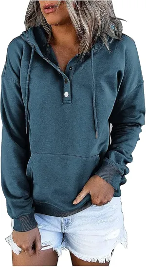 LRMQS Hoodies for Women Fall Fashion 2024 Button Drawstring Hooded Sweatshirt with Pocket Trendy Casual Loose Cute Pullover
