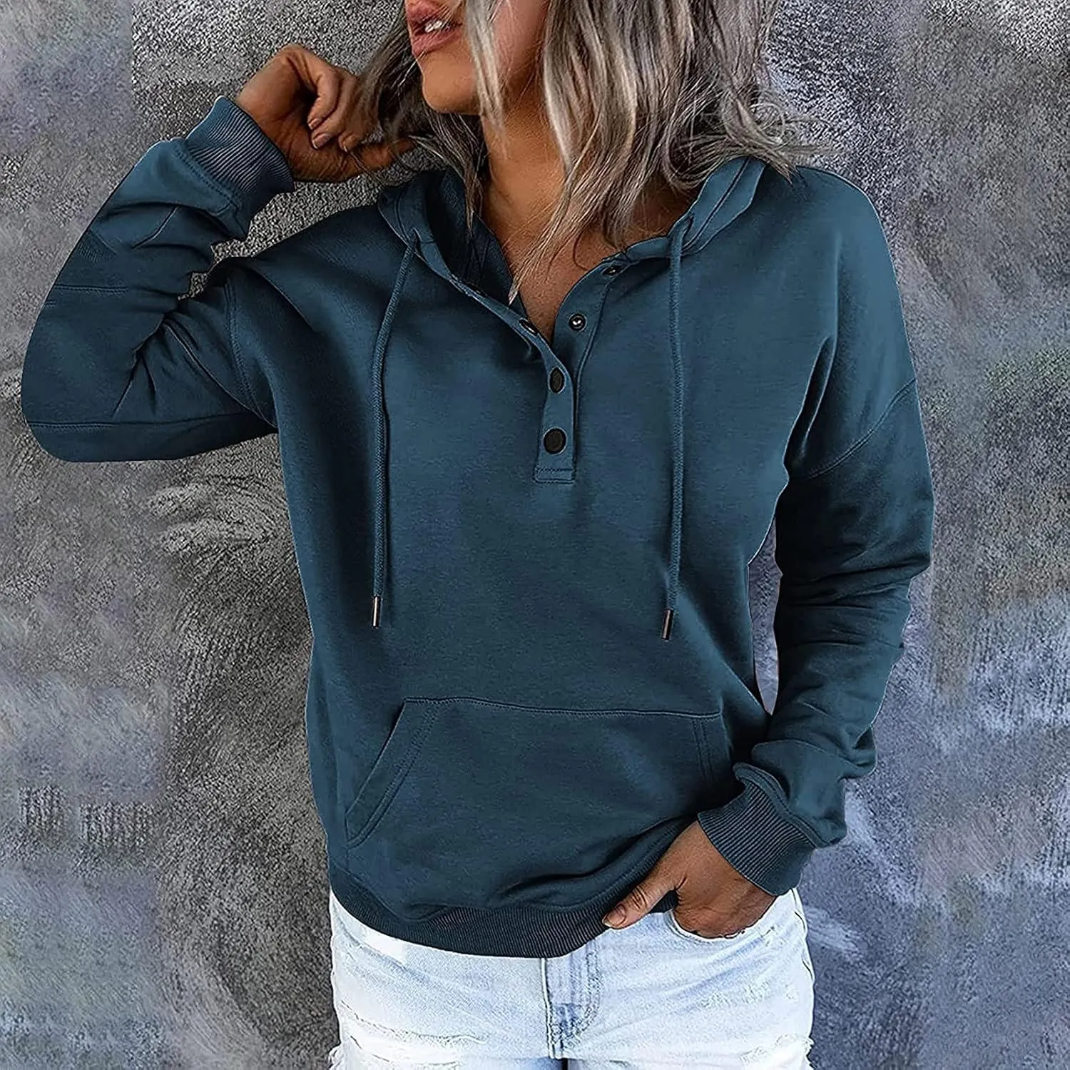 LRMQS Hoodies for Women Fall Fashion 2024 Button Drawstring Hooded Sweatshirt with Pocket Trendy Casual Loose Cute Pullover