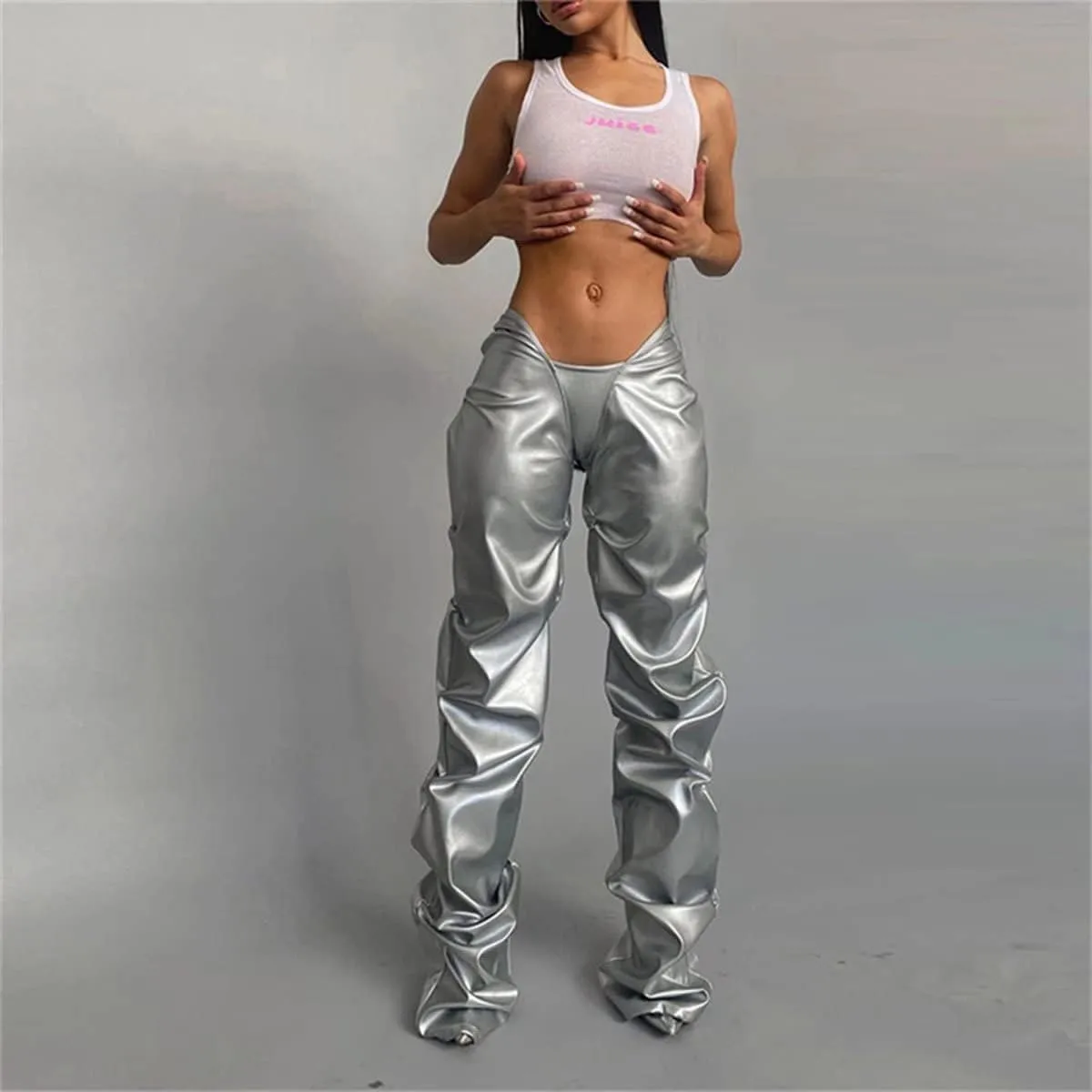 LROSEY Women's Stacked Faux Leather Pants Hipsters V Waist Metallic Chrome Disco Rave Trousers Space Alien Costume
